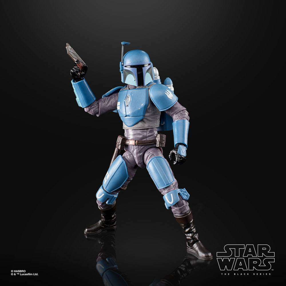 Hasbro Star Wars Black Series Death Watch Mandalorian action figure in blue armor with a blaster in a dynamic pose.