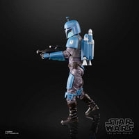 Side view of a 15 cm Hasbro Star Wars Black Series Death Watch Mandalorian figure in blue armor with a jetpack.