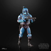 Hasbro Star Wars Black Series Death Watch Mandalorian 15cm action figure in blue armor holding a blaster rifle.