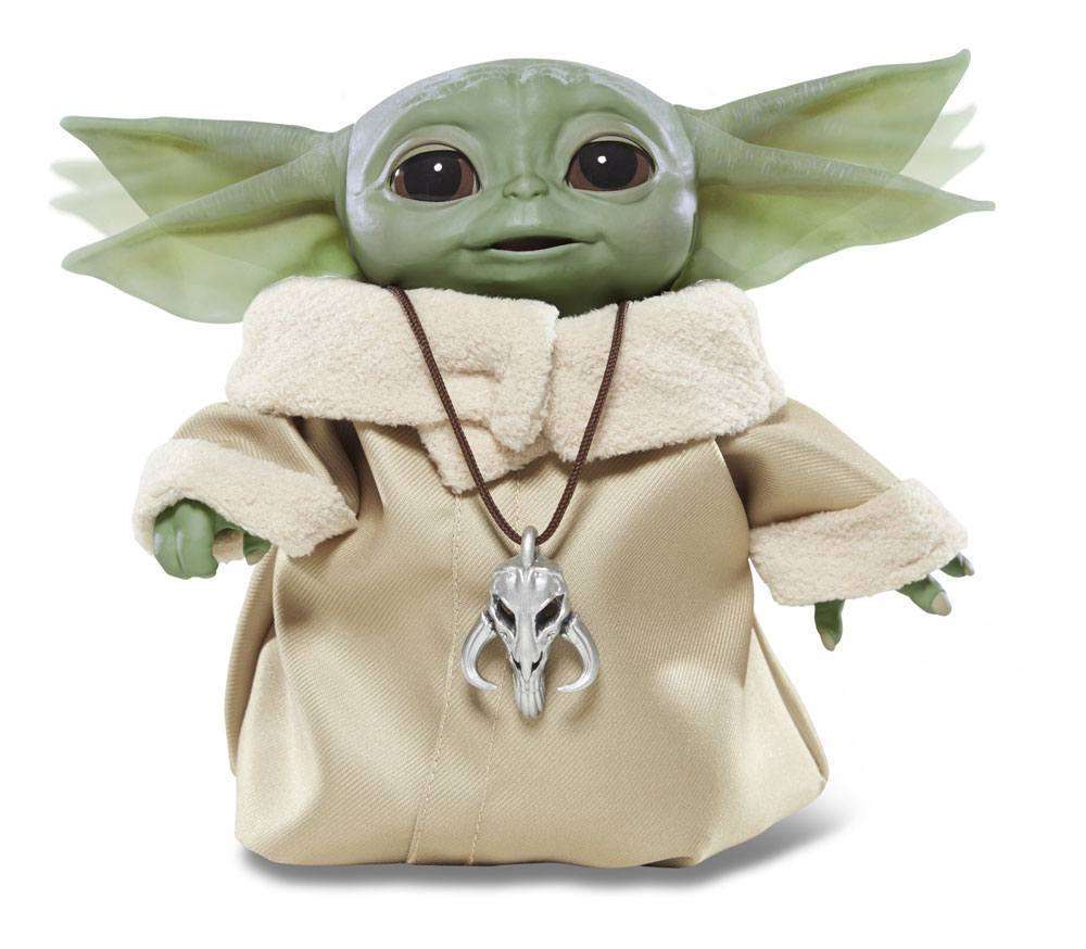 Front view of Hasbro Star Wars The Mandalorian Animatronic The Child wearing a tan robe with a Mythosaur necklace.
