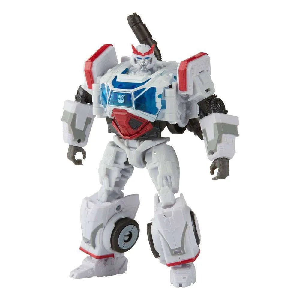Hasbro Transformers Studio Series Deluxe Class Autobot Ratchet in white robot mode with blue windows and red accents.