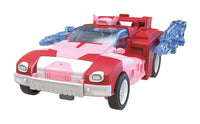 Hasbro Transformers Legacy Elita-1 action figure in pink and red sports car vehicle mode with blue translucent blasters.