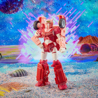 Hasbro Transformers Legacy Elita-1 action figure in a standing front view, featuring pink and white robotic armor.