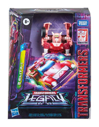 Hasbro Transformers Legacy Deluxe Class Elita-1 action figure in window box packaging showing robot and vehicle modes.