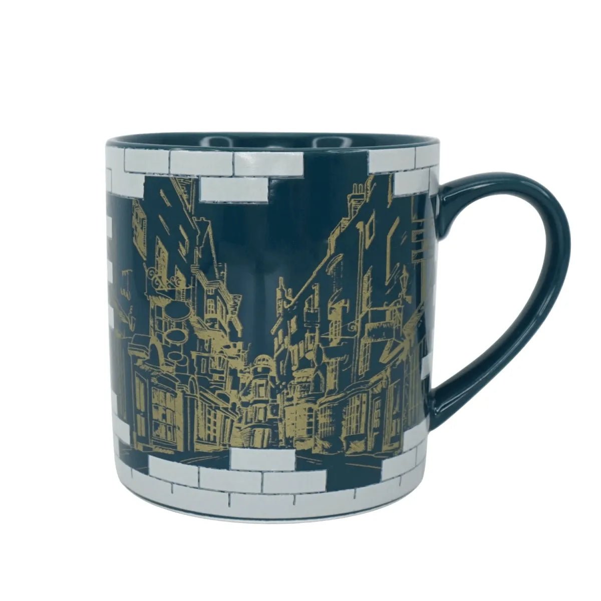 HMB Harry Potter Diagon Alley ceramic mug in dark blue with a gold street illustration and white brick border detail.