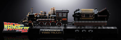 Model of the time machine from 'Back to the Future Part III' on a dark background