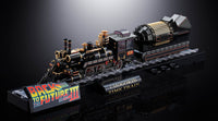 Model of a steam train with 'Back to the Future III' branding on a dark background