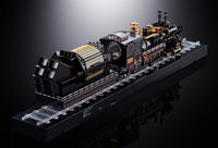 Detailed model of a steam locomotive on a reflective surface with a dark background