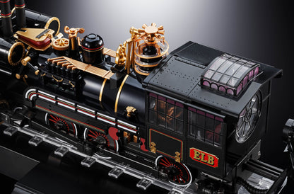 Detailed model of a black steam locomotive with gold and red accents on a dark background