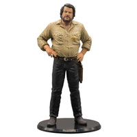 Bud Spencer as Bambino 1/12 scale PVC statue on a black display base, shown against a vintage map-style background with rope borders. The figure wears a tan shirt and dark pants, with Bud Spencer's face visible.