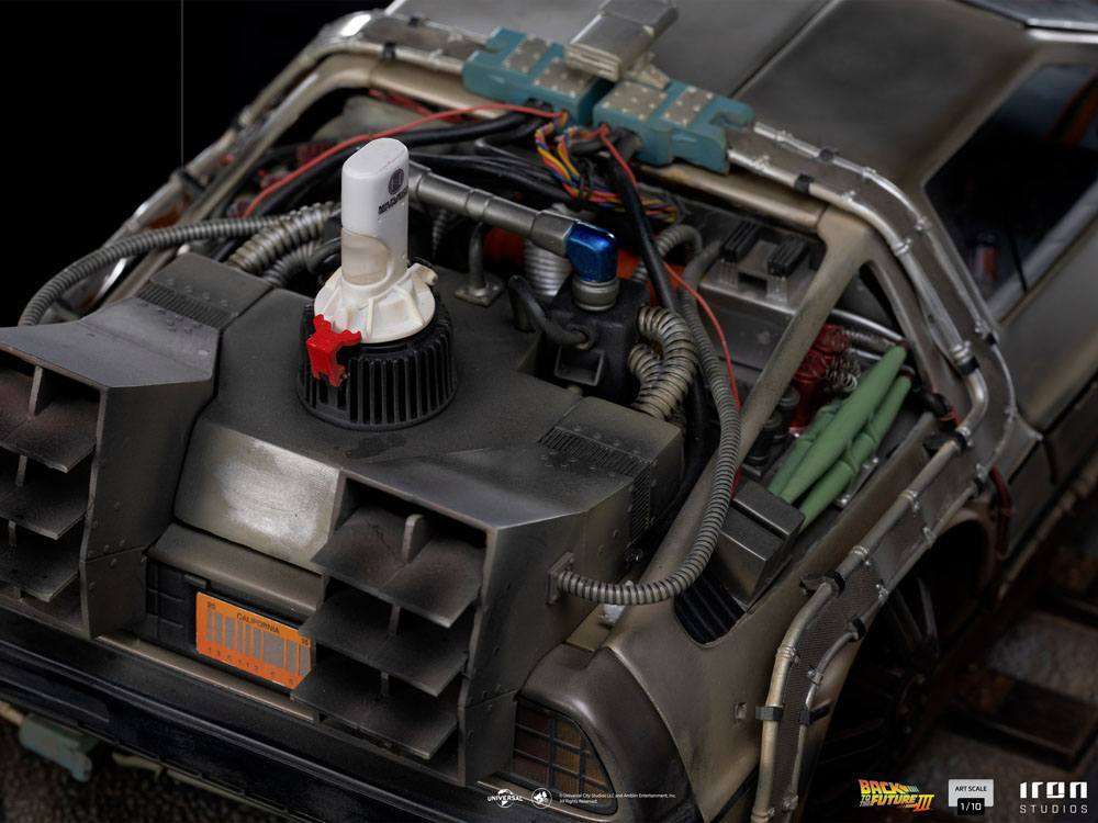 Close-up of the Iron Studios Back to the Future III DeLorean 1/10 scale statue, highlighting rear engine details.