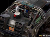 Close-up of the Iron Studios Back to the Future III DeLorean 1/10 scale statue, highlighting rear engine details.