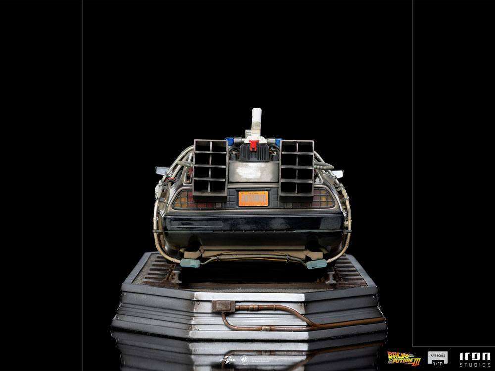 Rear view of the Iron Studios Back to the Future III 1/10 scale DeLorean statue with detailed metallic engine parts.