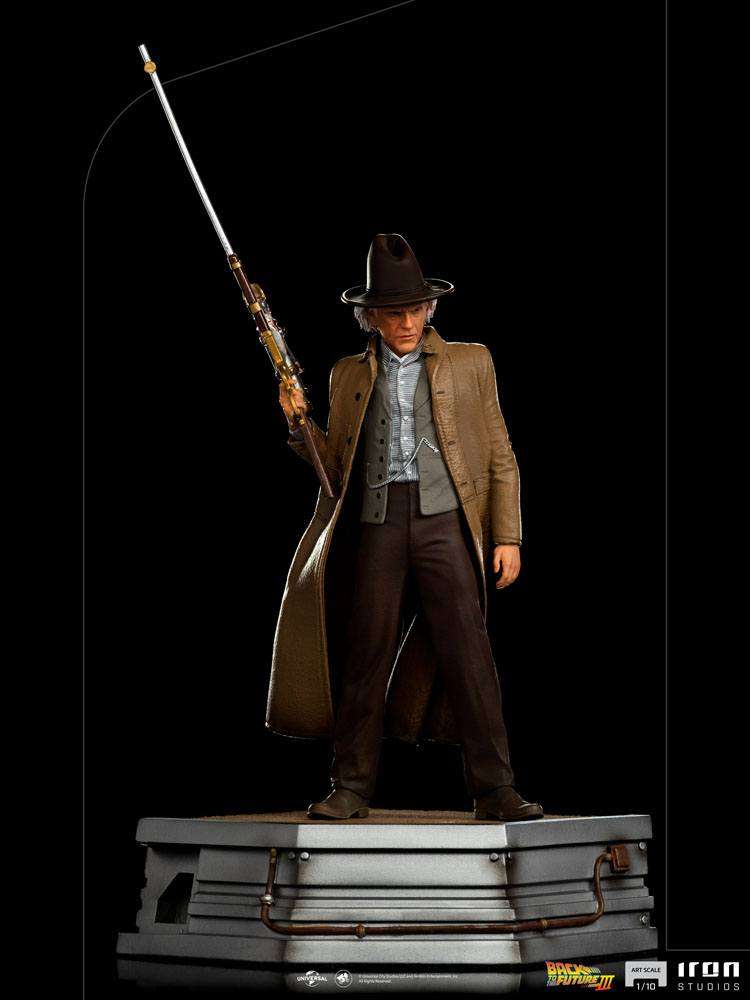 Iron Studios 1/10 Doc Brown statue from Back to the Future III, featuring the character in a brown coat and hat.