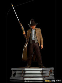Iron Studios 1/10 Doc Brown statue from Back to the Future III, featuring the character in a brown coat and hat.