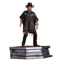 Iron Studios 1/10 Marty McFly statue from Back to the Future III wearing a poncho and hat on a detailed display base.