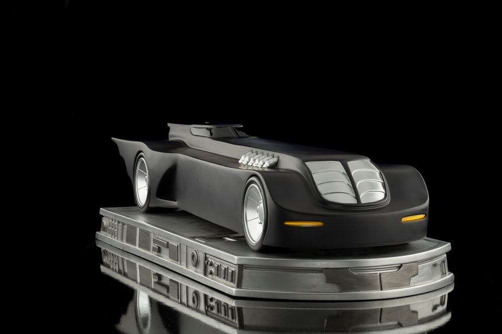 Iron Studios 1/10 scale Batmobile from Batman The Animated Series, featuring a matte black finish on a display base.