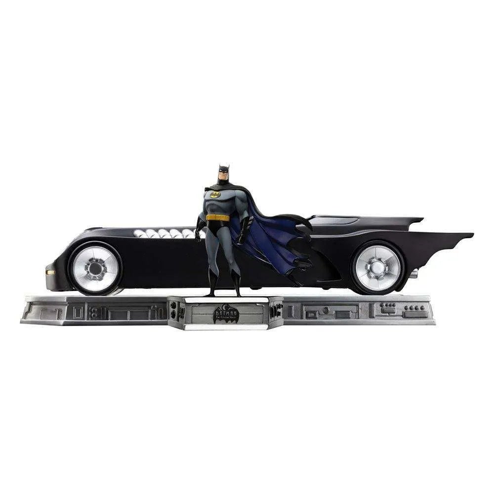 Iron Studios 1/10 scale Batman and Batmobile set from The Animated Series on a detailed display base, side view.