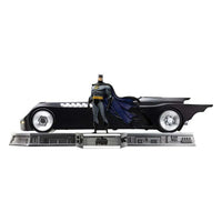 Iron Studios 1/10 scale Batman and Batmobile set from The Animated Series on a detailed display base, side view.