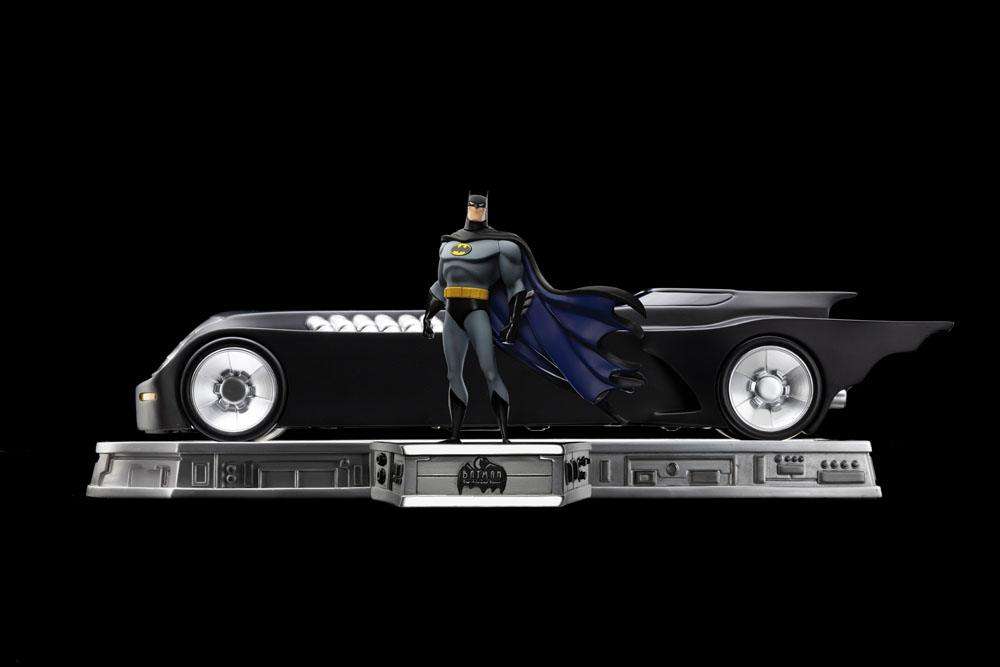 Iron Studios Batman The Animated Series 1/10 scale statue with Batmobile on a detailed display base, side view.