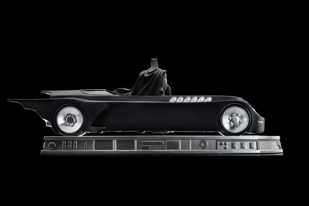 Side view of Iron Studios Batman The Animated Series 1/10 scale Batman and Batmobile statue on a detailed base.