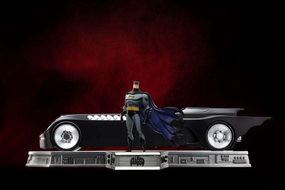 Iron Studios Batman The Animated Series 1/10 scale statue with Batmobile on a detailed display base, side view.