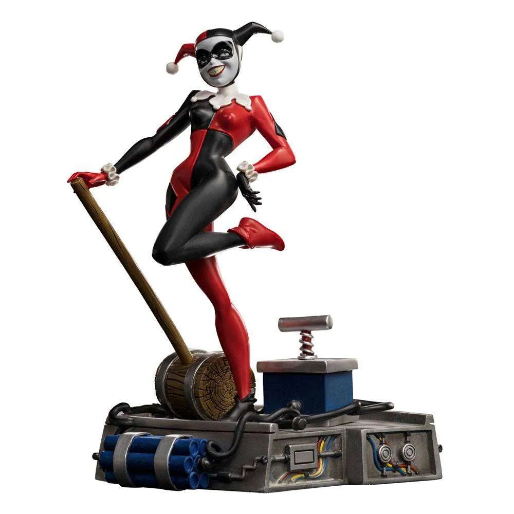 Iron Studios 1/10 Harley Quinn statue from Batman The Animated Series, featuring her on a detonator base with a mallet.