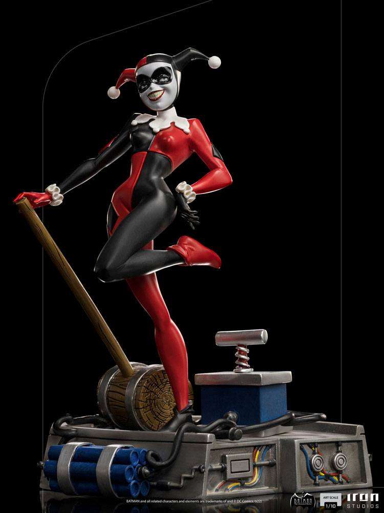 Iron Studios 1/10 Harley Quinn statue from Batman The Animated Series, standing on a detonator base with a mallet.
