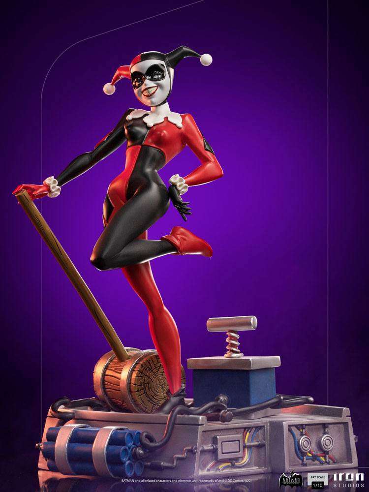 Iron Studios 1/10 Harley Quinn statue from Batman The Animated Series, posing on a detonator base with a wooden mallet.