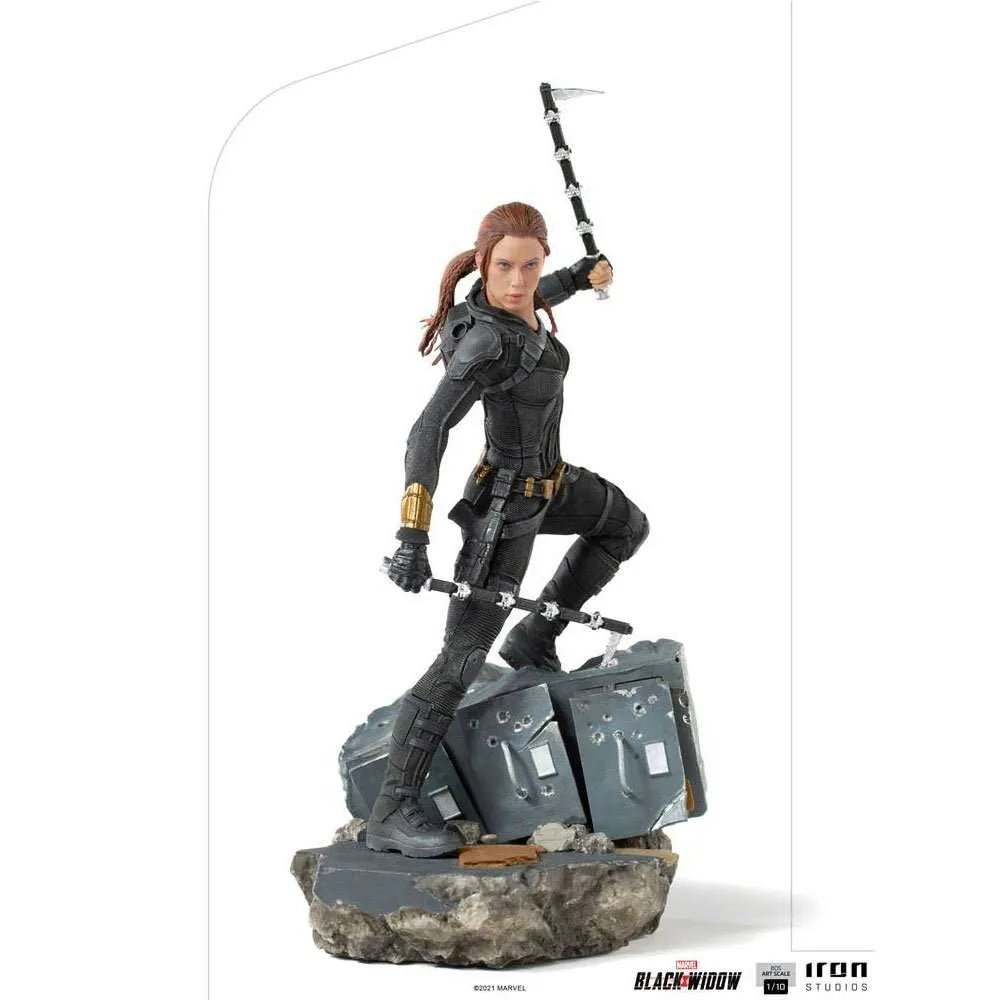 Iron Studios 1/10 Black Widow BDS Art Scale statue in a black tactical suit, holding batons on a rubble base.