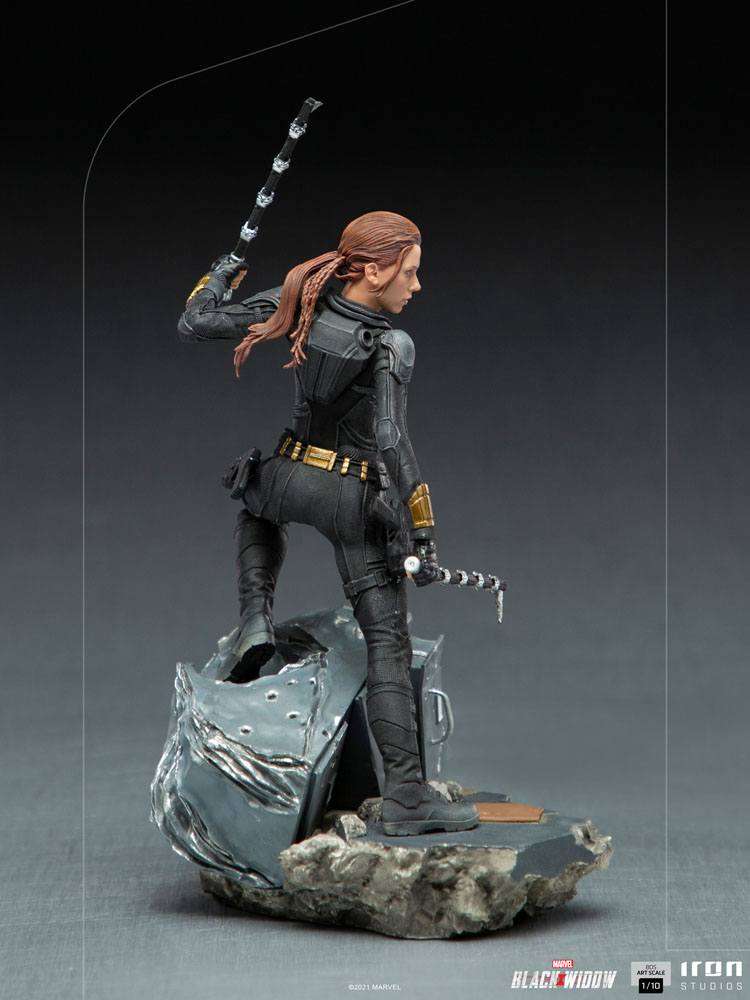 Rear view of Iron Studios Black Widow 1/10 scale statue featuring Natasha Romanoff in a black tactical suit on a base.