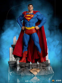 Front view of the 26 cm Iron Studios Superman Unleashed 1/10 scale statue with a fabric cape on a Fortress base.