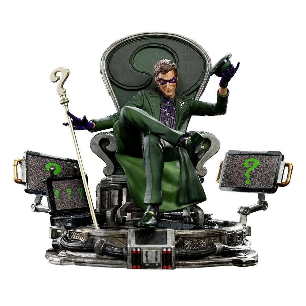 Iron Studios 1/10 The Riddler statue sitting on a throne with a question mark cane and screens on a detailed base.