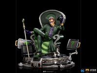Iron Studios 1/10 The Riddler statue sitting on a throne with a cane, monitors, and question mark details.