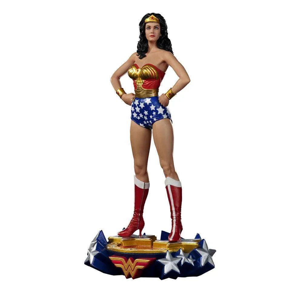 Front view of Iron Studios 1/10 Wonder Woman Lynda Carter statue in iconic red, gold, and blue star-spangled costume.