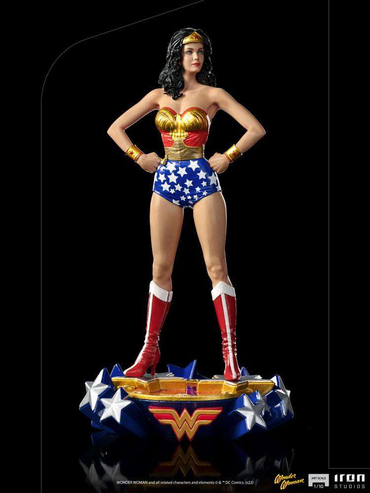 Front view of the 23cm Iron Studios Wonder Woman Lynda Carter statue in her iconic red, gold, and blue star costume.
