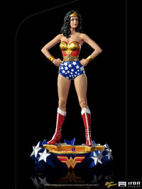 Front view of the 23cm Iron Studios Wonder Woman Lynda Carter statue in her iconic red, gold, and blue star costume.