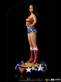 Side view of Iron Studios 1/10 Wonder Woman Lynda Carter statue with red, gold, and blue costume on a star base.