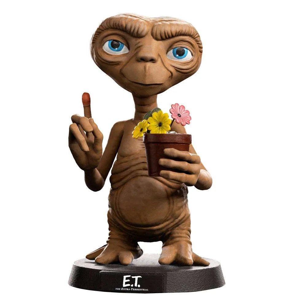 Front view of the 15cm Iron Studios E.T. Mini Co. PVC figure holding a potted plant with colorful flowers.
