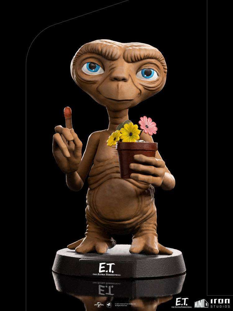 Iron Studios E.T. Mini Co. PVC figure showing E.T. with a glowing finger and a potted flower on a branded base.