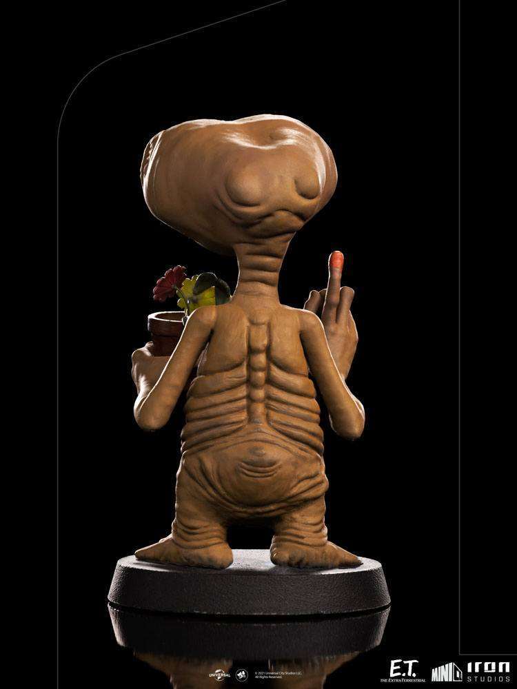 Back view of the 15cm Iron Studios E.T. Mini Co. PVC figure holding a potted flower with a glowing red fingertip.