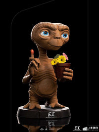 Iron Studios E.T. Mini Co. PVC figure showing E.T. with a glowing finger and a potted plant on a black display base.