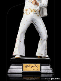 Front view of Iron Studios Elvis Presley 1973 1/10 scale statue featuring his iconic white jeweled jumpsuit on base.