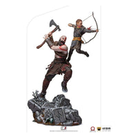 Iron Studios 1/10 scale Kratos and Atreus statue featuring the duo in a dynamic combat pose on a stone base.