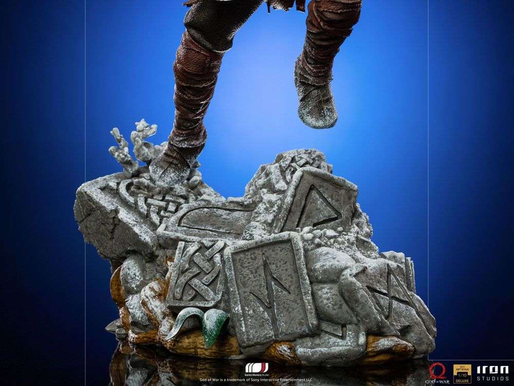 Close-up of the detailed stone base for the Iron Studios God of War Kratos & Atreus 1/10 scale statue.