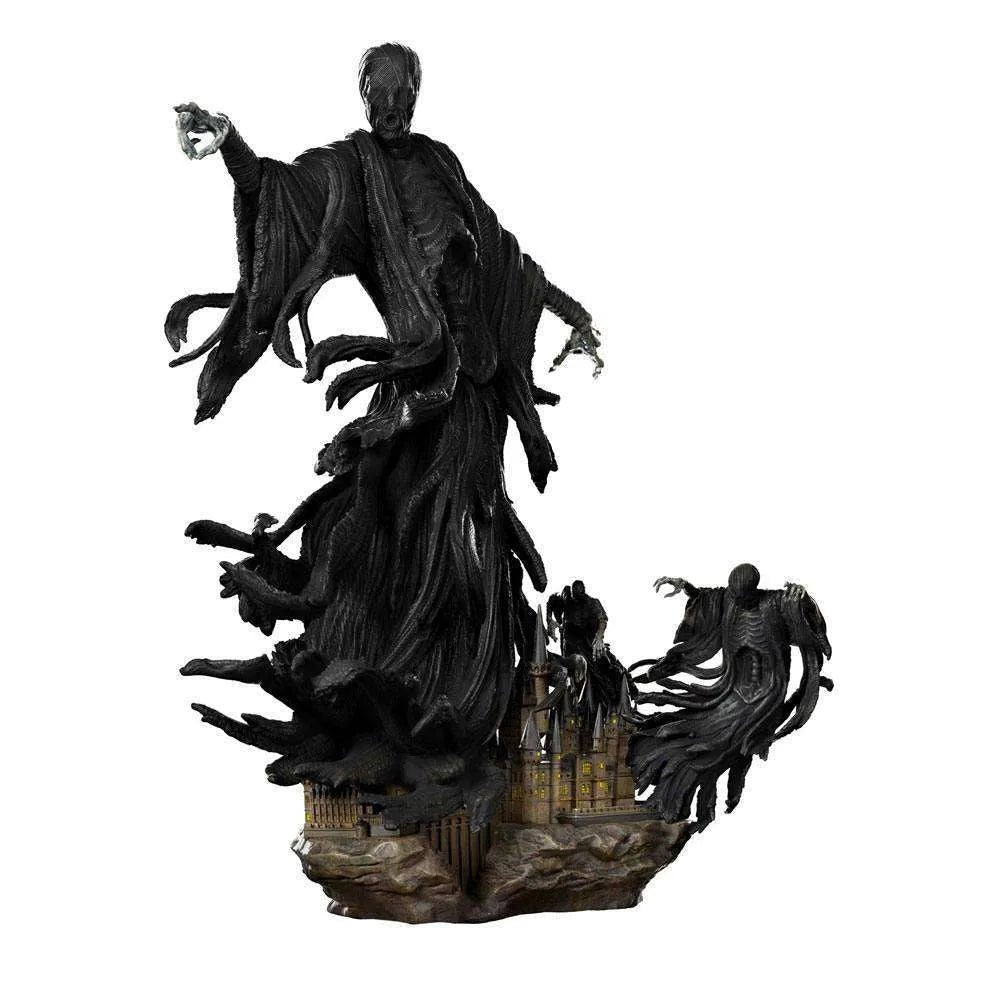 Iron Studios 1/10 Dementor statue featuring a dark, flowing figure hovering above a detailed Hogwarts castle base.