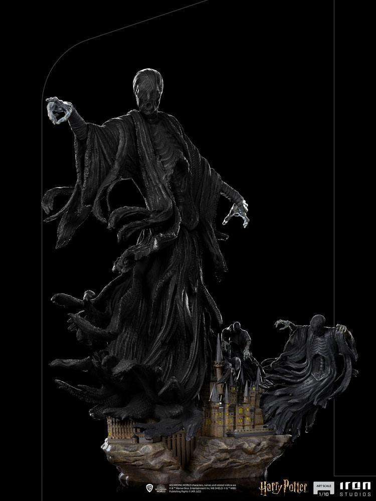 Iron Studios 1/10 scale Dementor statue featuring a dark, flowing cloaked figure hovering over a Hogwarts castle base.