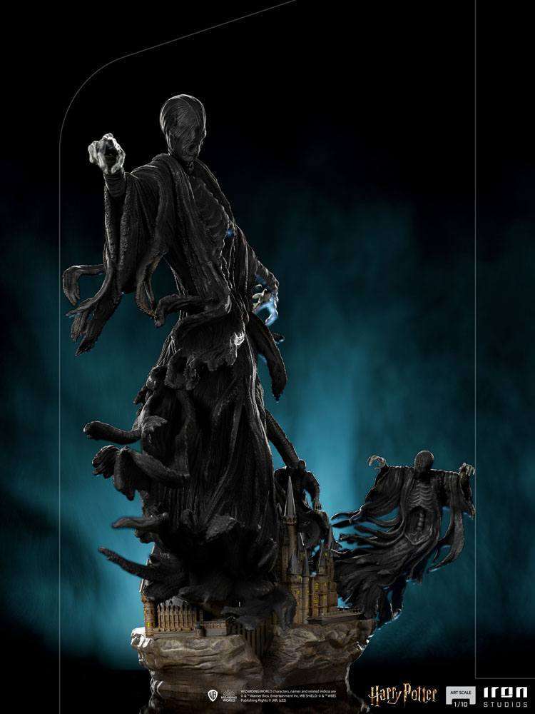 Iron Studios 1/10 Dementor statue featuring a dark, flowing figure hovering above a detailed Hogwarts castle base.