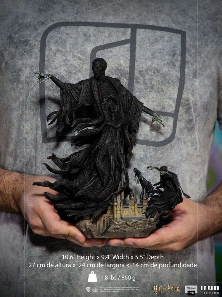 Iron Studios 1/10 scale Dementor statue featuring a dark, flowing hooded figure hovering over a Hogwarts base.