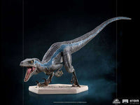 Iron Studios 1/10 scale Blue statue from Jurassic World, featuring a detailed grey raptor with a blue stripe on base.